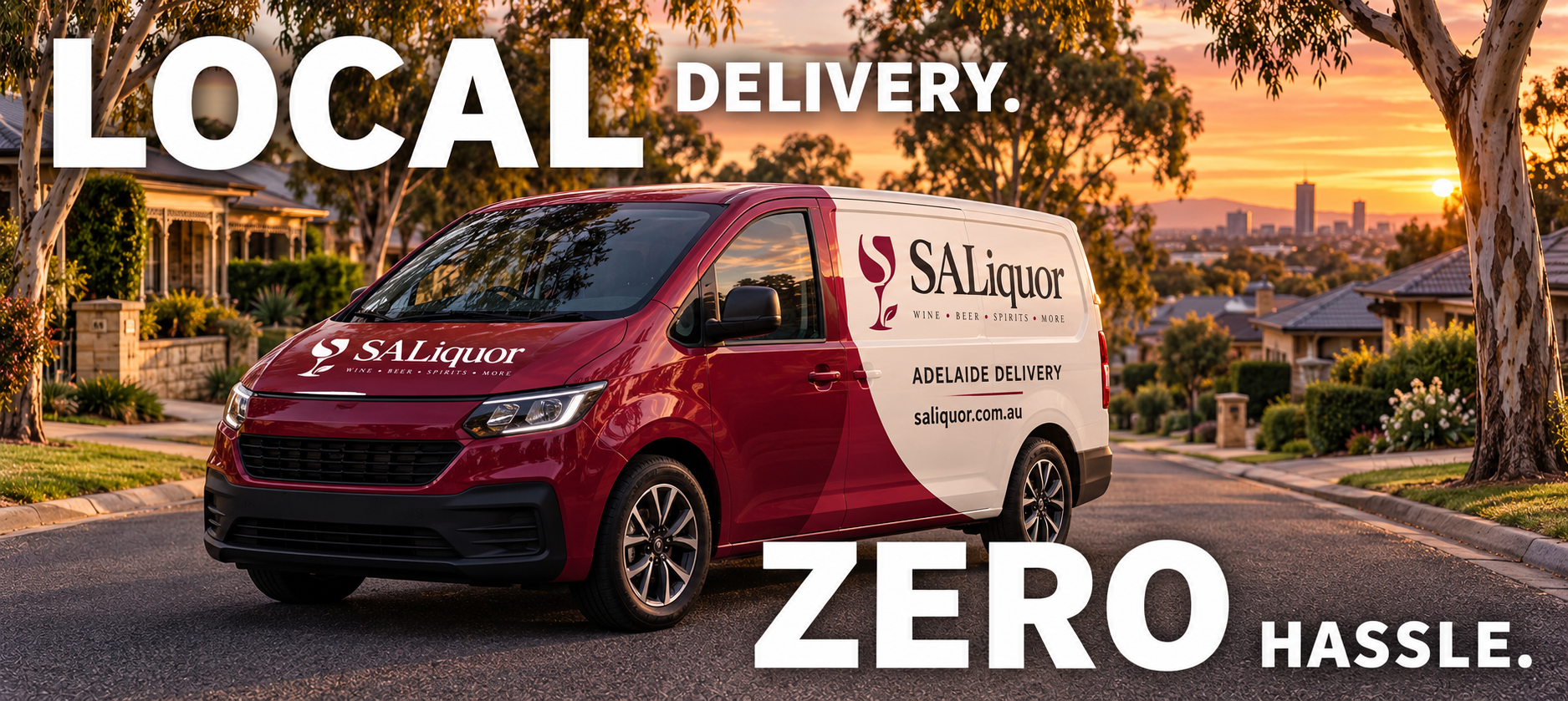 Local delivery, zero hassle. An SA Liquor delivery van on an Adelaide street at sunset.